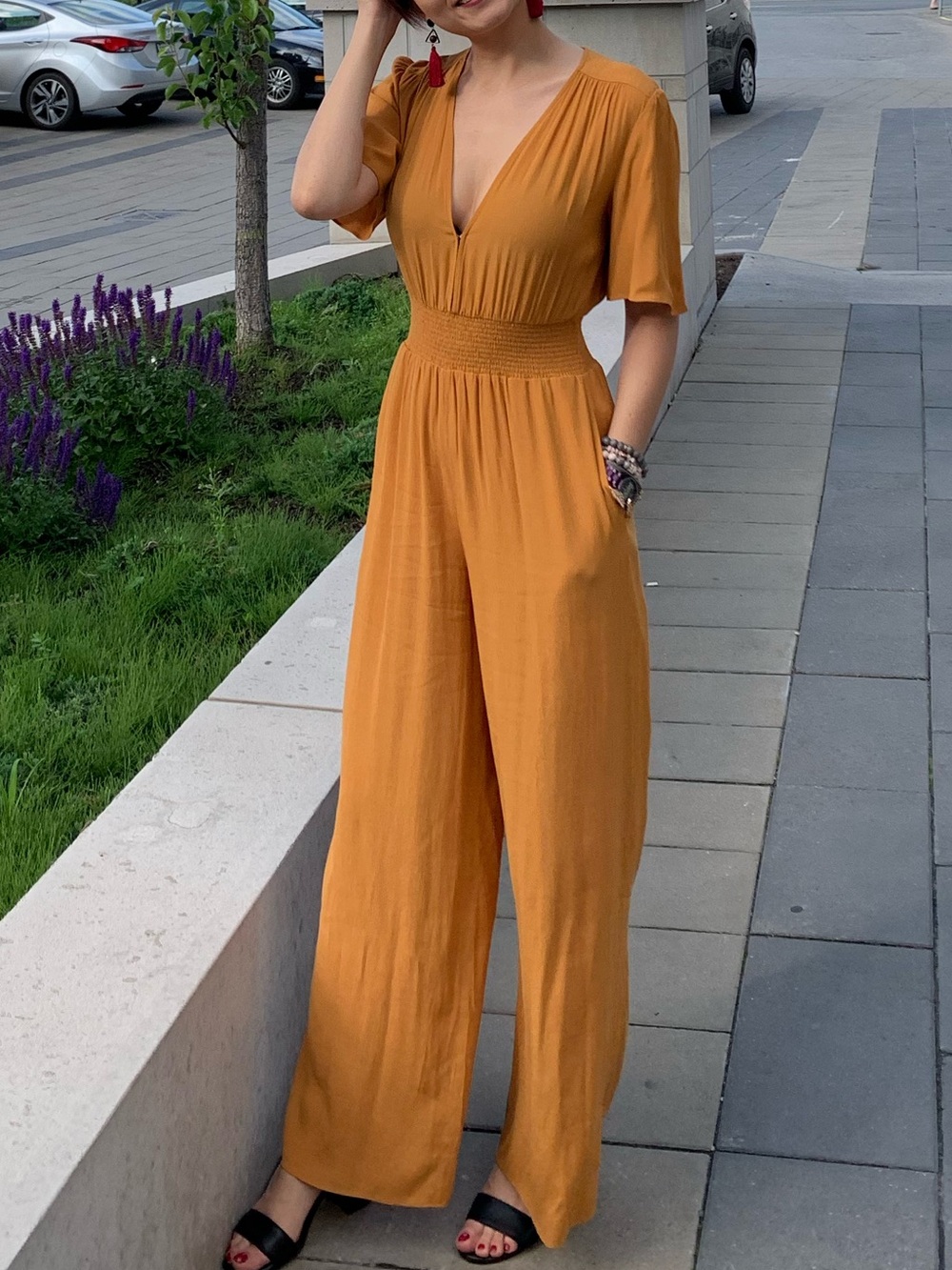 Aritzia Wilfred Mustard Wide-Leg Jumpsuit with Smocked Waist size S